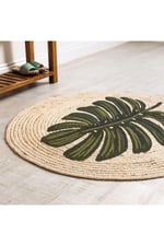 Boho 912 Yaprak Minimalist Tema Etnik Örgü Yuvarlak Natural Renk Çift Taraflı Halı