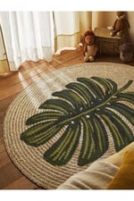 Boho 912 Yaprak Minimalist Tema Etnik Örgü Yuvarlak Natural Renk Çift Taraflı Halı