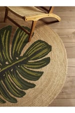 Boho 912 Yaprak Minimalist Tema Etnik Örgü Yuvarlak Natural Renk Çift Taraflı Halı