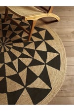 Boho 915 Geometrik Desen Baskılı Örgü Yuvarlak Natural Çift Taraflı Halı
