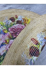 Boho 919 Jüt Doğa Iplik Ile Üretilmiş Çiçek Desenli Yuvarlak Natural Renk Çift Taraflı Halı