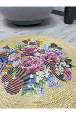 Boho 919 Jüt Doğa Iplik Ile Üretilmiş Çiçek Desenli Yuvarlak Natural Renk Çift Taraflı Halı