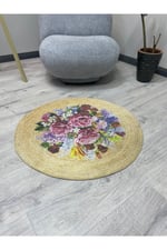 Boho 919 Jüt Doğa Iplik Ile Üretilmiş Çiçek Desenli Yuvarlak Natural Renk Çift Taraflı Halı