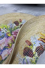 Boho 919 Jüt Doğa Iplik Ile Üretilmiş Çiçek Desenli Yuvarlak Natural Renk Çift Taraflı Halı