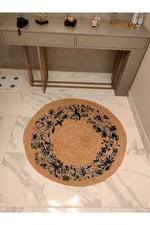 Boho 930 Jüt Doğa Iplik Ile Üretilmiş Çiçek Desenli Yuvarlak Natural Renk Çift Taraflı Halı