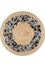 Boho 930 Jüt Doğa Iplik Ile Üretilmiş Çiçek Desenli Yuvarlak Natural Renk Çift Taraflı Halı