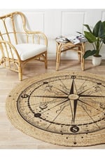 Boho 942 Pusula Tema Etnik Örgü Yuvarlak Natural Renk Çift Taraflı Halı
