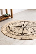Boho 942 Pusula Tema Etnik Örgü Yuvarlak Natural Renk Çift Taraflı Halı