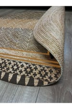 Boho 947 Geometrik Ve Etnik Baskılı Örgü Yuvarlak Natural Çift Taraflı Halı