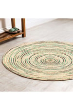 Boho 950 Jüt Rengi Ve Yeşil Desenli Örgü Yuvarlak Natural Çift Taraflı Halı