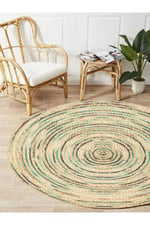 Boho 950 Jüt Rengi Ve Yeşil Desenli Örgü Yuvarlak Natural Çift Taraflı Halı