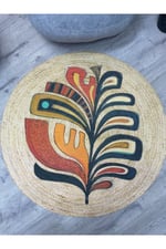 Boho 953 Multy Yaprak Desenli Jüt Rengi Örgü Yuvarlak Natural Çift Taraflı Halı