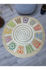 Boho 954 Multy Soyut Desenli Jüt Rengi Örgü Yuvarlak Natural Çift Taraflı Halı