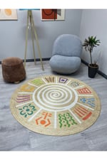 Boho 954 Multy Soyut Desenli Jüt Rengi Örgü Yuvarlak Natural Çift Taraflı Halı