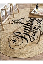 Boho 955 Oval Bathroom Yazılı Desenli Yuvarlak Jüt Örme Doğal Hasır Kilim Daire Halı