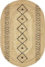 Boho 956 Oval Siyah Etnik Desenli Jüt Rengi Örgü Yuvarlak Natural Çift Taraflı Halı