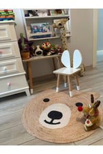 Boho 958 Sevimli Ayıcık Örgü Taban Yuvarlak Natural Çift Taraflı Çocuk ve Bebek Odası Halı