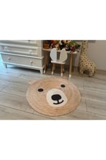 Boho 958 Sevimli Ayıcık Örgü Taban Yuvarlak Natural Çift Taraflı Çocuk ve Bebek Odası Halı