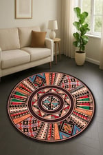 Boho 971 Renkli Etnik Mandala Desenli Doğal Natural Jüt Yuvarlak
