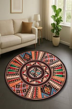 Boho 971 Renkli Etnik Mandala Desenli Doğal Natural Jüt Yuvarlak