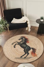 Boho 974 Şaha Kalkan At Desenli Doğal Natural Jüt Yuvarlak