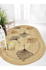 Boho 982 Oval Siyah Yel Motifli Etnik Desenli Jüt Rengi Örgü Yuvarlak Natural Çift Taraflı Halı