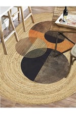 Boho 986 Oval Siyah Etnik Desenli Jüt Rengi Örgü Yuvarlak Natural Çift Taraflı Halı