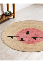 Boho 990 Gün batımı Leylek Botanik Desenli Örgü Yuvarlak Natural Çift Taraflı Halı