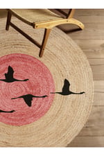 Boho 990 Gün batımı Leylek Botanik Desenli Örgü Yuvarlak Natural Çift Taraflı Halı
