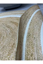 Boho 991 Natural Jüt Görünümlü Desen Üzerine Beyaz Halkalar Yuvarlak Natural Çift Taraflı Halı