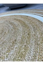 Boho 991 Natural Jüt Görünümlü Desen Üzerine Beyaz Halkalar Yuvarlak Natural Çift Taraflı Halı