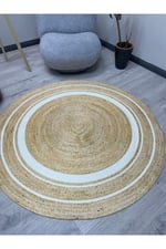 Boho 991 Natural Jüt Görünümlü Desen Üzerine Beyaz Halkalar Yuvarlak Natural Çift Taraflı Halı