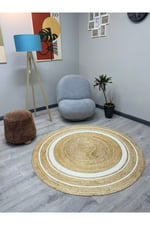 Boho 991 Natural Jüt Görünümlü Desen Üzerine Beyaz Halkalar Yuvarlak Natural Çift Taraflı Halı