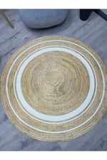 Boho 991 Natural Jüt Görünümlü Desen Üzerine Beyaz Halkalar Yuvarlak Natural Çift Taraflı Halı