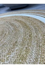 Boho 991 Natural Jüt Görünümlü Desen Üzerine Beyaz Halkalar Yuvarlak Natural Çift Taraflı Halı