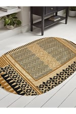 Boho 992 Oval Siyah Yel Motifli Etnik Desenli Jüt Rengi Örgü Yuvarlak Natural Çift Taraflı Halı