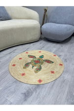 Boho 998 Jüt Doğa Iplik Ile Üretilmiş Kaplumbağa Desenli Yuvarlak Natural Renk Çift Taraflı Jüt