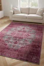 Bordo Gri Eskitme Görünümlü Klasik Desenli Vintage Şık Salon ve Oturma Odası Halısı 2132