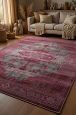 Bordo Gri Eskitme Görünümlü Klasik Desenli Vintage Şık Salon ve Oturma Odası Halısı 2132