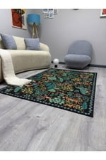 Botanik Desenli Siyah Zemin Vintage Görünümlü Salon ve Oturma Odası Halısı mars542