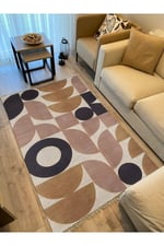 Cotton 68 Pudra Camel Ve Siyah Pastel Geometrik Desenli Dokuma Kilim