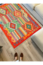 Cotton 85 Etnik Mercan Renk Vintage Boho Stil Pamuk Kilim