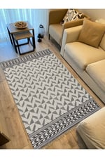 Cotton Kilim 14 Gri Zeminli Çizgili Desenli Dekoratif Yıkanabilen Dokuma Taban Kilim