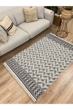 Cotton Kilim 14 Gri Zeminli Çizgili Desenli Dekoratif Yıkanabilen Dokuma Taban Kilim