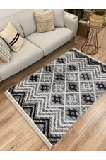 Cotton Kilim 15 Gri Zeminli Çizgili Desenli Dekoratif Yıkanabilen Dokuma Taban Kilim
