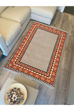 Cotton Kilim 20 Turuncu Zeminli Çizgili Desenli Dekoratif Yıkanabilen Dokuma Taban Kilim