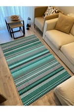 Cotton Kilim 21 Yeşil Zeminli Çizgili Desenli Dekoratif Yıkanabilen Dokuma Taban Kilim
