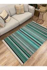 Cotton Kilim 21 Yeşil Zeminli Çizgili Desenli Dekoratif Yıkanabilen Dokuma Taban Kilim