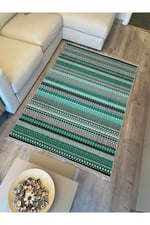 Cotton Kilim 21 Yeşil Zeminli Çizgili Desenli Dekoratif Yıkanabilen Dokuma Taban Kilim