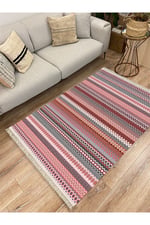 Cotton Kilim 22 Fuşya Zeminli Çizgili Desenli Dekoratif Yıkanabilen Dokuma Taban Kilim